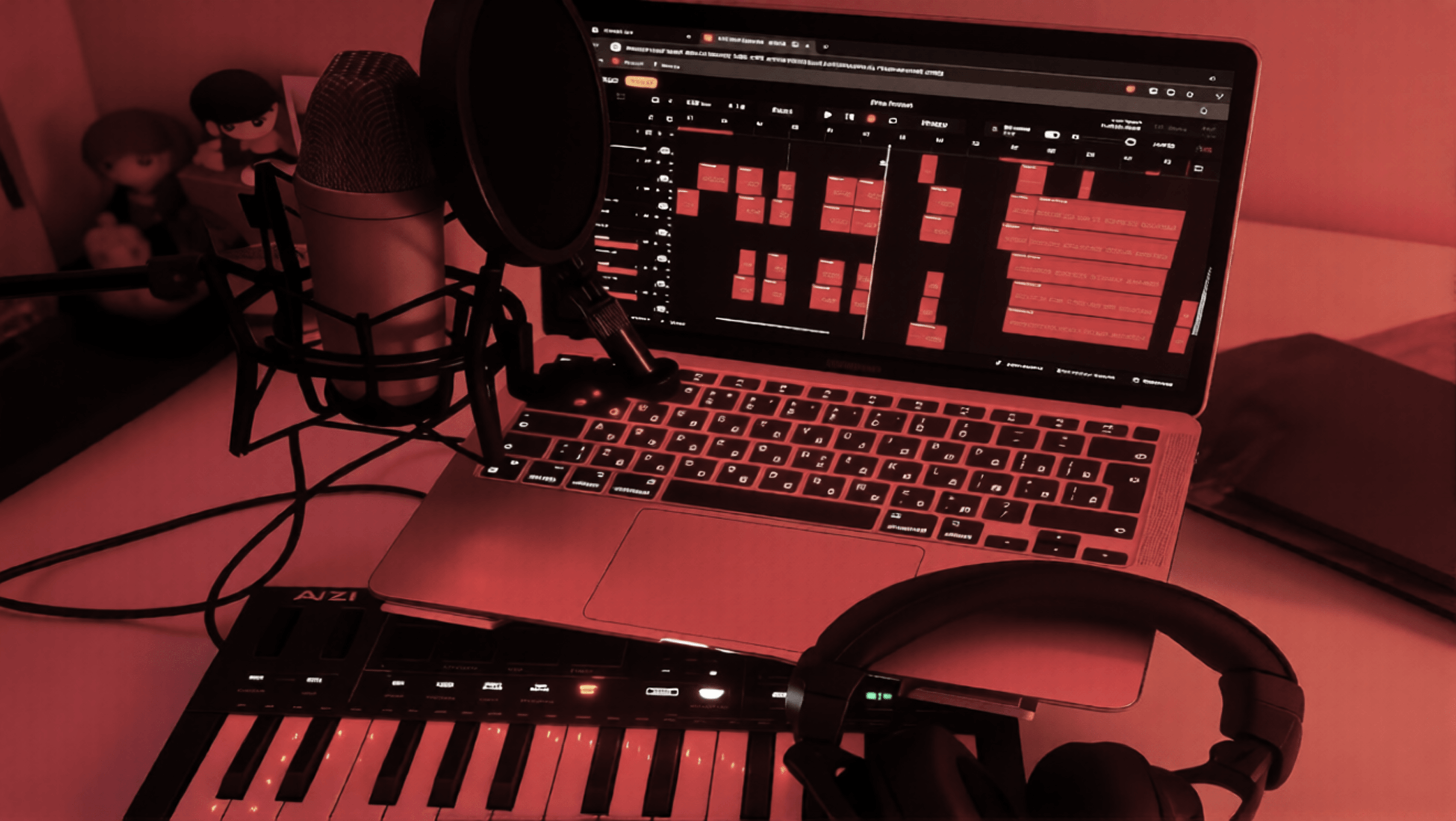 Home music production setup with condenser microphone, laptop showing audio tracks, MIDI keyboard, and headphones under red lighting